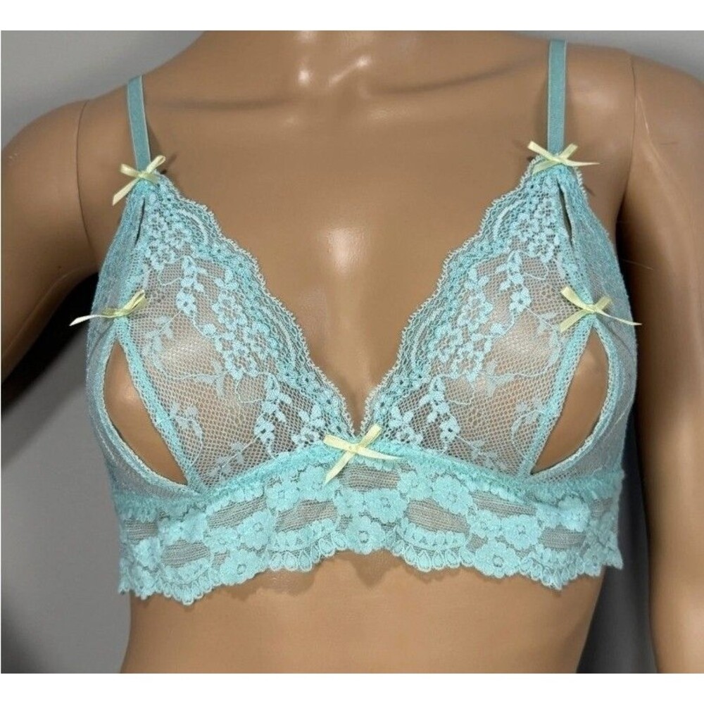 Vtg Y2K Victoria Secret Open Cup Bralette Mint Lace Peekaboo Ruffle Bows S EUC